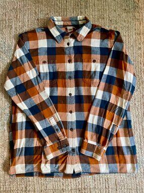 Duluth Trading Free Swingin Flannel Checkered Brown Blue Plaid Shirt Womens XL